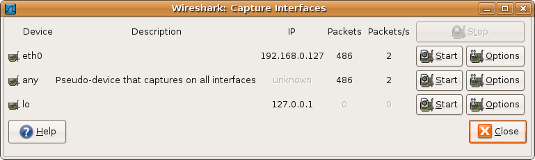 The "Capture Interfaces" dialog box on Unix/Linux