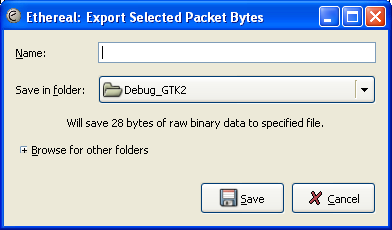 The "Export Selected Packet Bytes" dialog box
